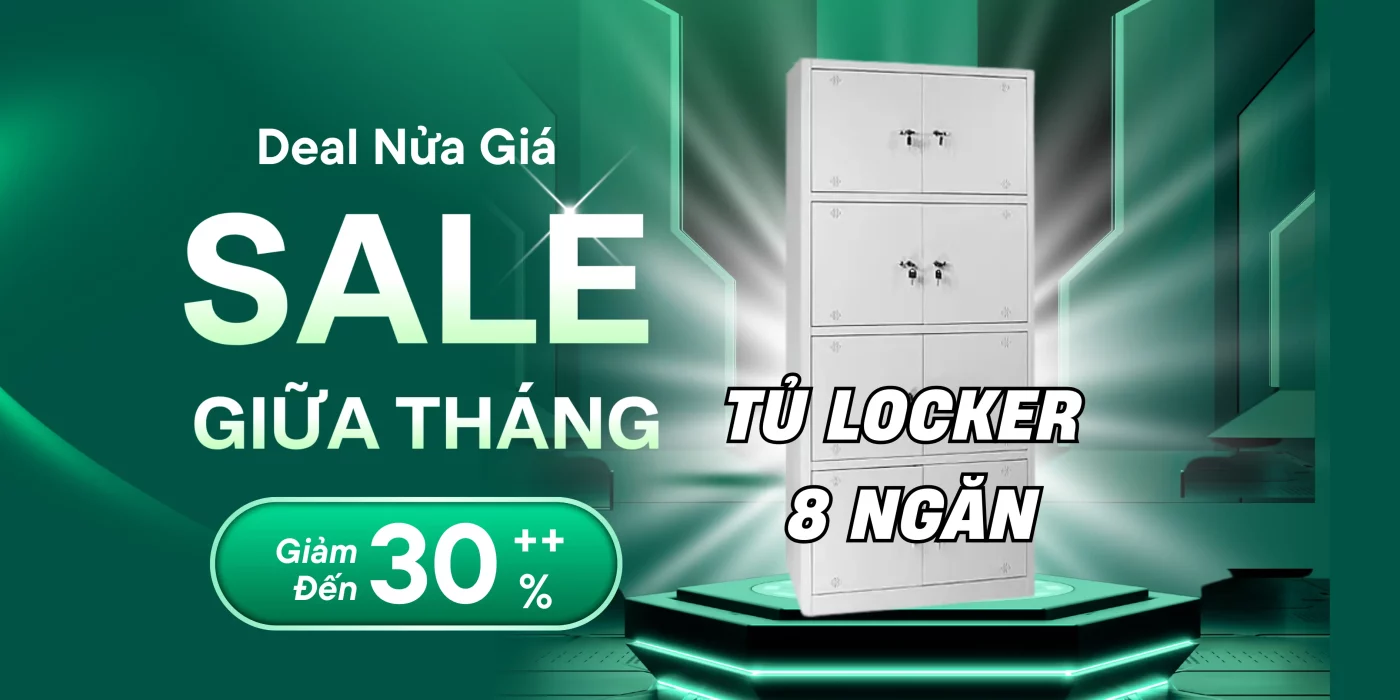 Tủ locker 8 ngăn màu ghi xám trong không gian văn phòng