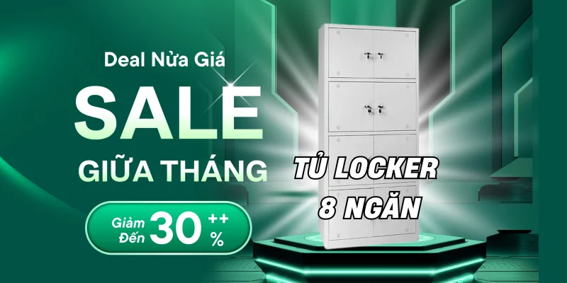 Tủ locker 8 ngăn màu ghi xám trong không gian văn phòng